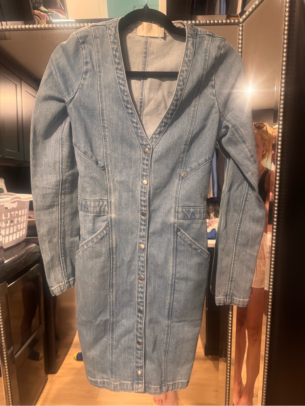 Denim Midi Dress with Snap Front - Light Blue